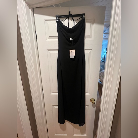 Superdown Revolve NWT nicola sheer maxi dress black halter tie high slit XS hoco - Picture 6 of 10